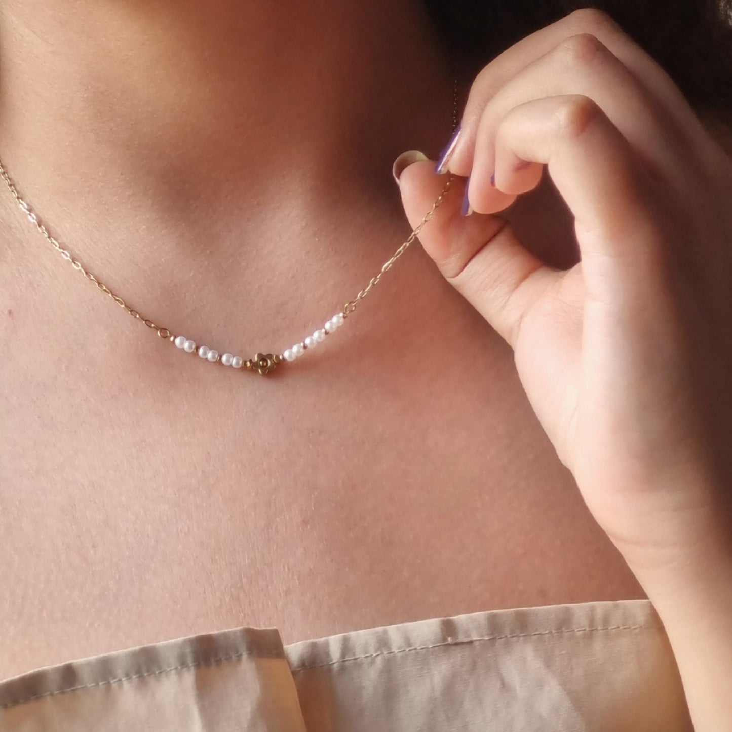 Dainty Bloom & Pearl Stainless Steel Necklace